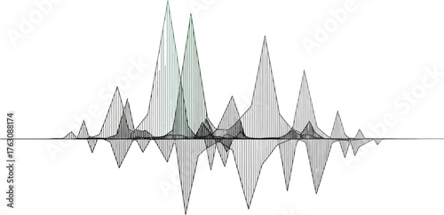 A graphical representation of data showing peaks and valleys with reflections on a white background