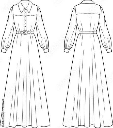 Long sleeve belted dress flat sketch, collared button down fashion technical drawing, voluminous cuff sleeve, paneled flared skirt, CAD vector illustration
