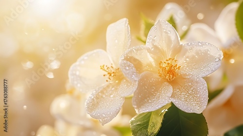 Delicate white blossoms glistening with morning dew, bathed in warm sunlight