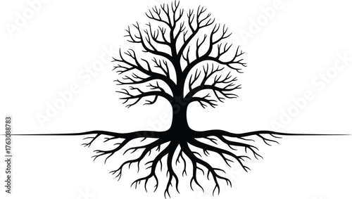 Silhouette tree with roots, bare branches illustration, nature balance concept, life growth symbol, black white design, abstract organic artwork, environmental connection graphic
