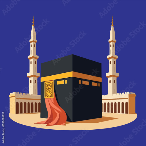 Makkah Ka'bah Black Cube Building Mosque Towers Flat Vector Design