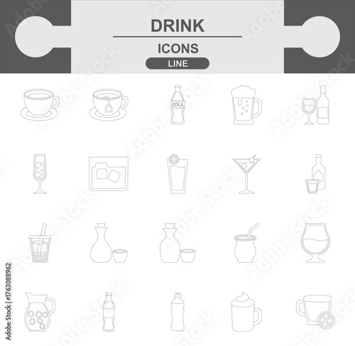 Beverage Line Icons Set: Minimalist Outline Collection of Drink and Cocktail Vector Pictograms (Coffee, Tea, Beer, Wine, Spirits).