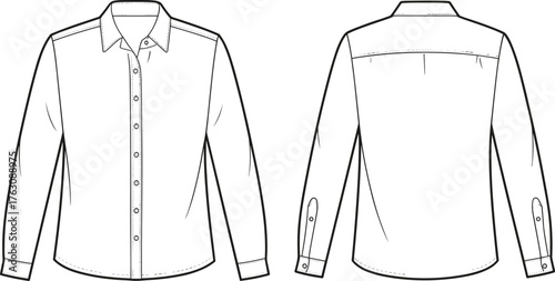 Long sleeve button up shirt flat sketch, fashion CAD drawing, vector illustration, front and back view, garment technical clothing design