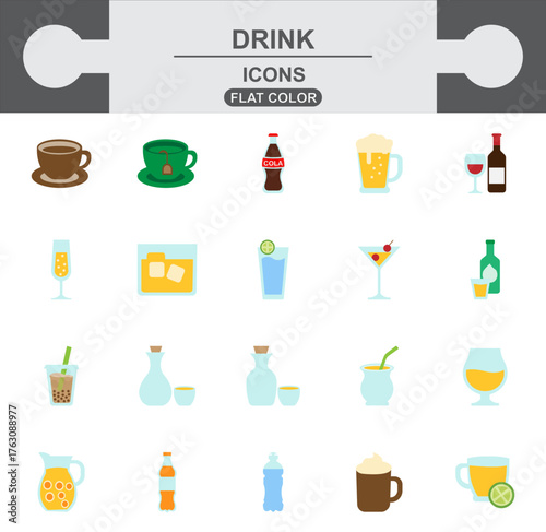 Colorful Drink Flat Icons Pack: Vibrant Beverage, Cafe, and Cocktail Vector Graphics (Juice, Soda, Wine Bottle, Mug, Bubble Tea).