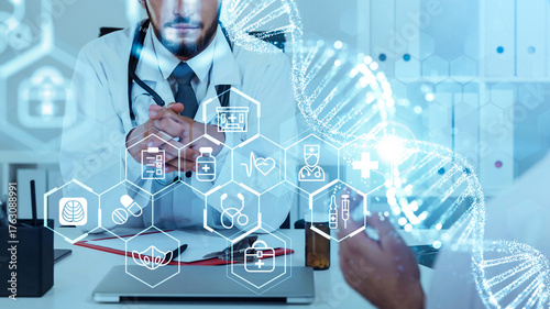 A doctor consulting with a patient, overlaid with glowing medical interface icons and a DNA strand concept, in a clinical setting with a blue background