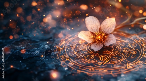 Enchanting flower glows with magical energy on ancient mystic symbol