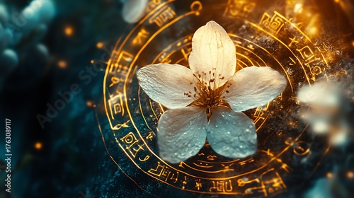 Mystical blossom with ancient symbols, magic glowing light, spiritual awakening