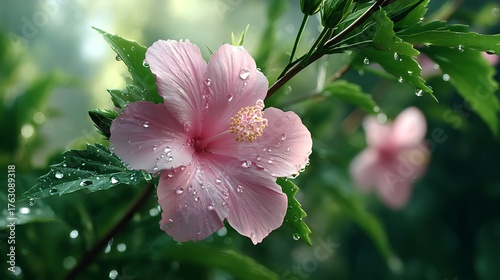 Delicate pink hibiscus with water droplets after rain, serene garden beauty
