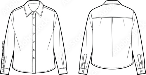 Long sleeve button up shirt flat sketch, fashion technical drawing, vector apparel template, pointed collar design, cuff placket detail, cad drawing flat vector illustration