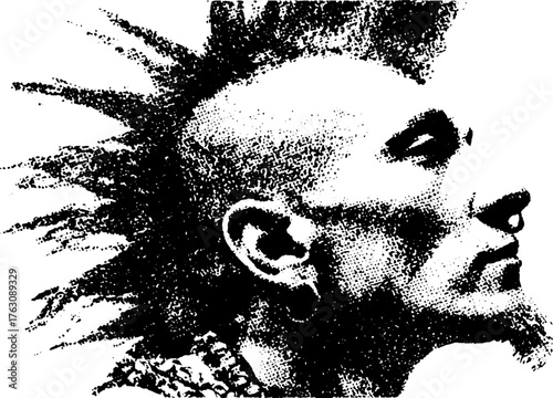 Black and white halftone illustration of punk silhouette with mohawk - perfect for tattoo design or poster art