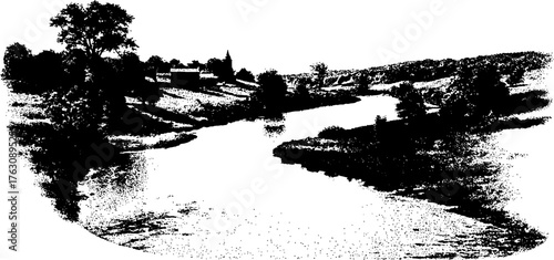 Black and white halftone landscape of tranquil river flowing through countryside