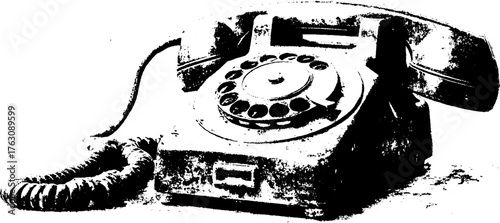 Vintage rotary telephone art in black and white halftone style