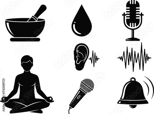 Collection of icons meditation sound waves microphone bell mortar pestle and ear vector