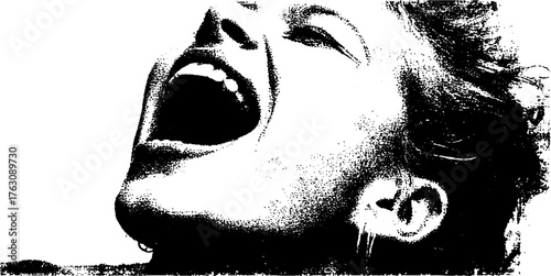 Black and white halftone illustration of a screaming silhouette with gritty texture