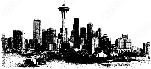 Urban skyline silhouette in black and white halftone effect for graphic design