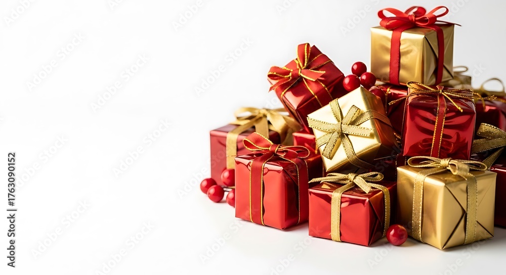 Fototapeta premium Pile of festive red and gold christmas presents