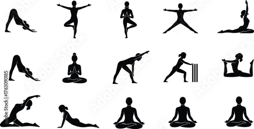Collection of diverse yoga poses silhouettes demonstrating flexibility and balance for wellness vector