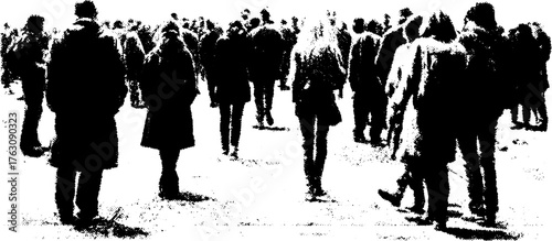 Urban crowd in black and white xerox halftone style for retro design