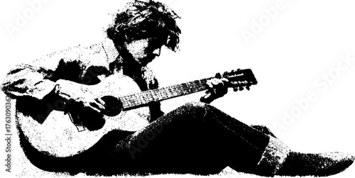 Black and white halftone illustration of street musician playing guitar