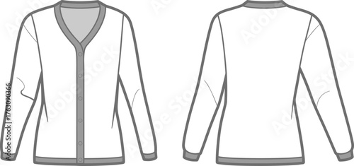 Long sleeve cardigan flat sketch, fashion technical drawing, V neck button down sweater design, apparel CAD template, ribbed trim illustration