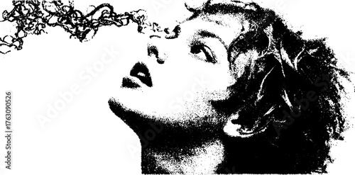 Black and white halftone art with tangled lines and expressive face