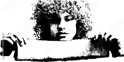 Retro halftone portrait of person holding taped paper, perfect for punk or grunge design
