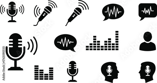 Collection of audio recording and soundwave icons for podcasting and communication vector