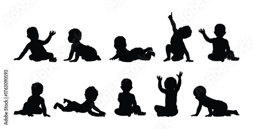 Silhouettes set of babies and toddlers in different positions isolated on white background vector illustration collection.