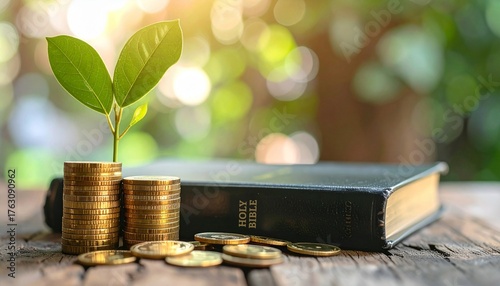 Stack of golden coins with green plant and holy bible book. 