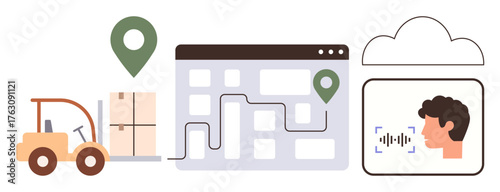 Forklift carrying boxes with location pin, route on map interface, voice recognition in cloud. Ideal for logistics, automation, AI, tracking, delivery supply chain communication. Simple flat