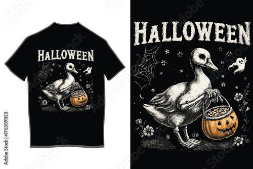 Spooky halloween duck and jack-o-lantern graphic for t-shirts and apparel featuring festive holiday design elements