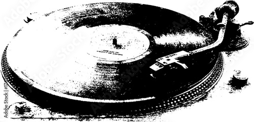 Retro turntable exuding vintage vinyl charm in black and white halftone effect