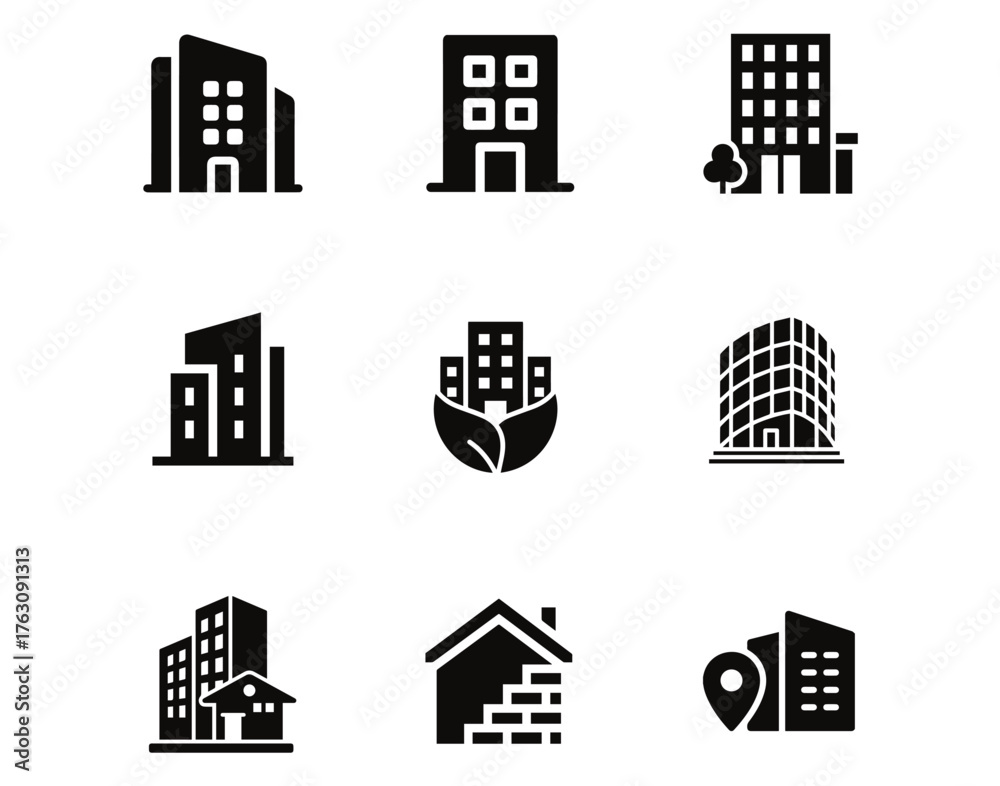Fototapeta premium Modern Building Vector Icon Pack – Architecture, Cityscape, Construction, and Real Estate Symbols