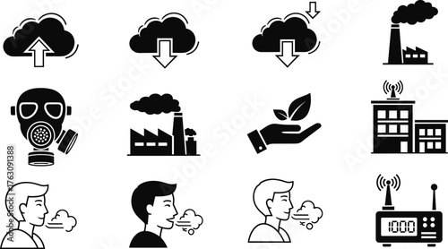 Environmental pollution icons depicting air quality industrial impact and human health concerns vector