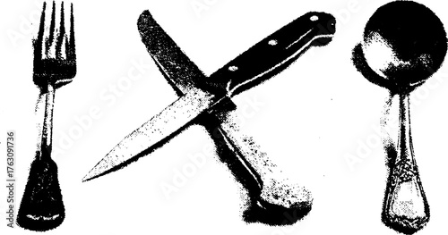 Vintage black and white halftone kitchen utensil design for culinary decor