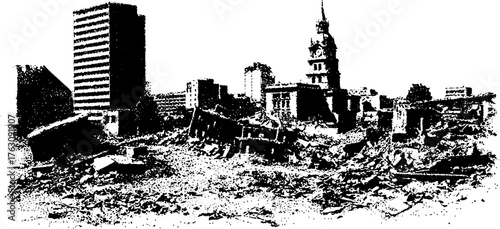 Urban decay: black and white halftone art scene featuring ruined buildings