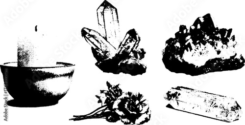 Monochrome halftone objects set: scented candle, crystals, and flowers for vintage design
