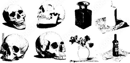 Vintage black and white skull and object collection with gothic grunge aesthetic