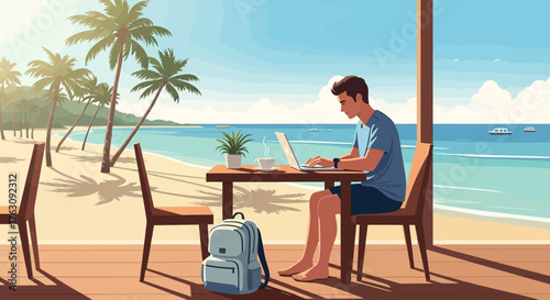 Remote Work Bliss Man Working on Laptop at Tropical Beach Cafe