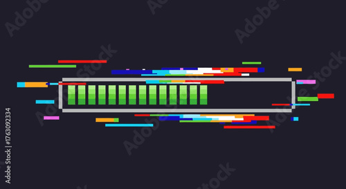 Progress bar with glitch effect and pixelated data stream, symbolizing loading or processing with digital interference
