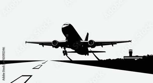 Commercial airplane taking off from a runway with control tower in the background at dawn