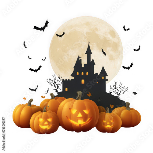 Spooky halloween scene with carved glowing pumpkins in the foreground and a silhouette of a haunted castle under a large full moon with bats flying in the night sky isolated on transparent background