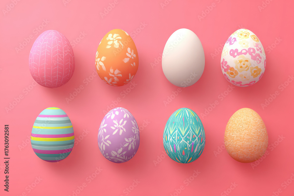Fototapeta premium Easter eggs isolated on pink background. For greeting card, promotion, poster, flyer, web-banner, article. 
