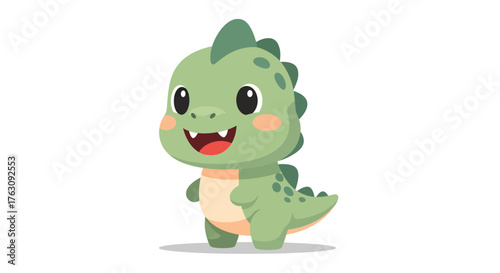 A friendly little green dinosaur with a happy smile. Cute cartoon baby T-rex character, a prehistoric reptile mascot vector illustration isolated