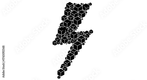 Geometric lightning bolt shape composed of various sized black cubes creating a digital energy symbol on a white isolated background