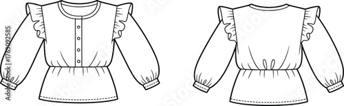 Long sleeve ruffle blouse flat sketch, fashion CAD drawing, vector illustration, front and back view, garment technical design, clothing template