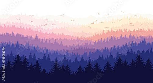Serene Forest Landscape with Birds A Gradient Silhouette of Trees and Flying Creatures at Dusk