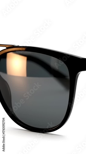 Stylish black sunglasses with reflective lenses positioned on a clean surface, showcasing modern design