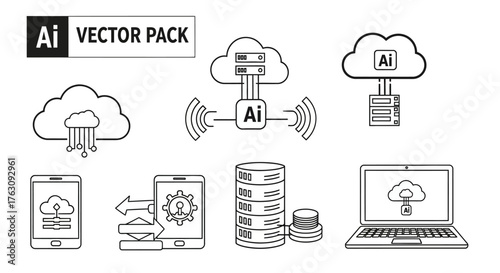 Modern Digital Infrastructure and Data Management Vector Icons AI, Cloud Computing, and Network Synchronization Concepts for Digital Transformation