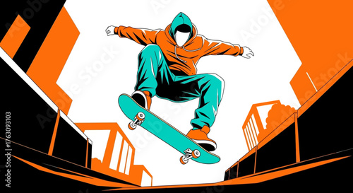 Skateboarder Performing a Trick in Urban Environment with Orange and Teal Color Scheme